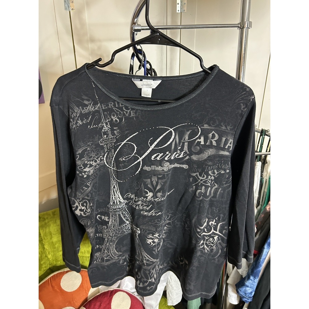 Y2K CJ Banks Paris Embellished Printed Tee Sz XL woman